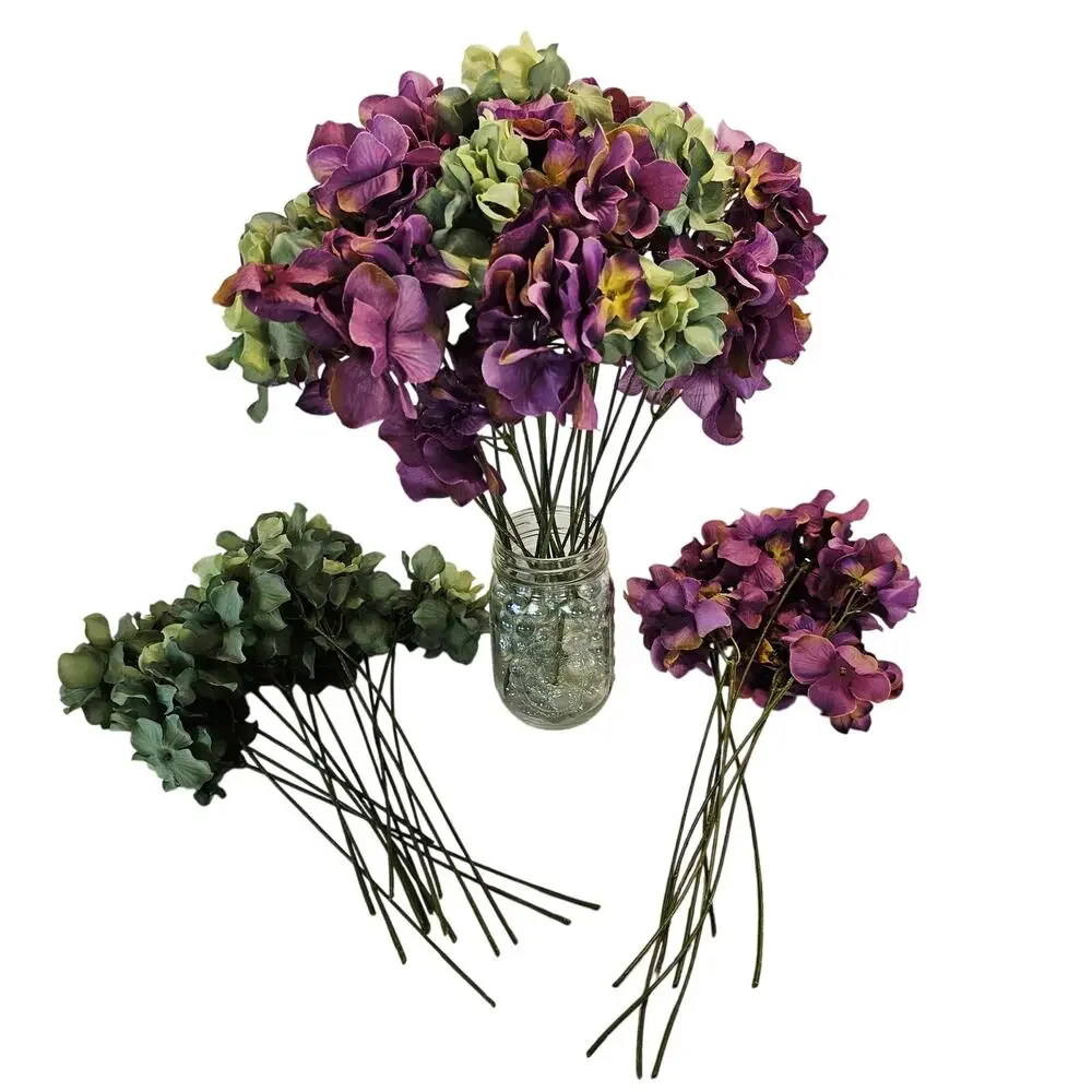 45 Pcs Purple Green Artificial Silk Hydrangea Flower Stem Floral Craft Decor Lot